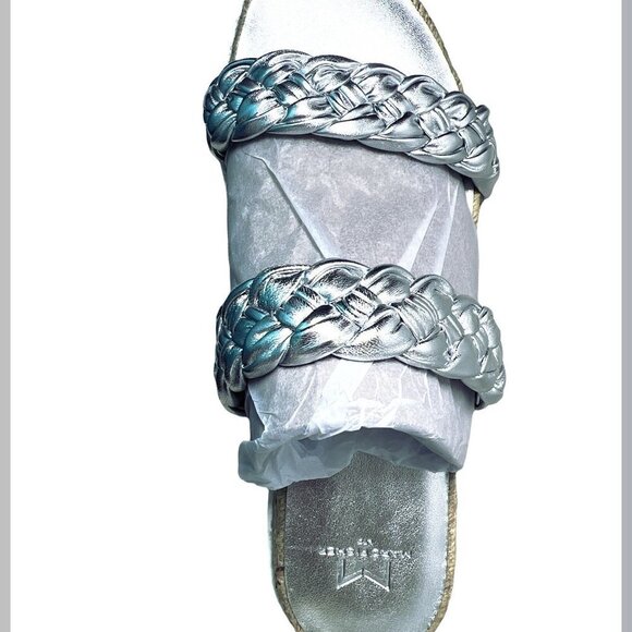 Marc Fisher Womens Silver Leather Espadrille Platform Slide Sandals Sz 8.5 New - Picture 3 of 11